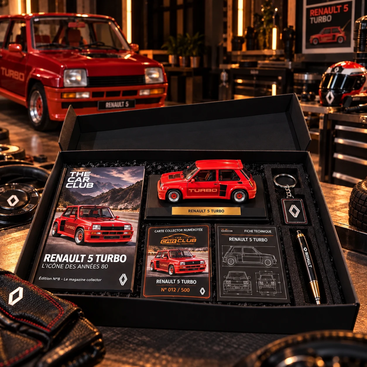Box The Car Club ouverte avec miniature, magazine, blueprint, carte collector et fiche technique